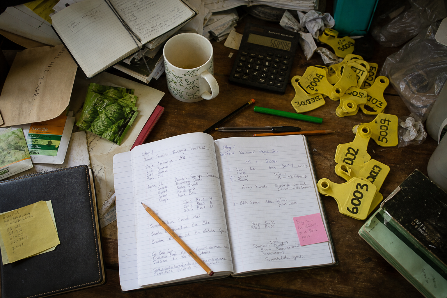 Busy farm office desk with notebooks, ear tags, and pencils